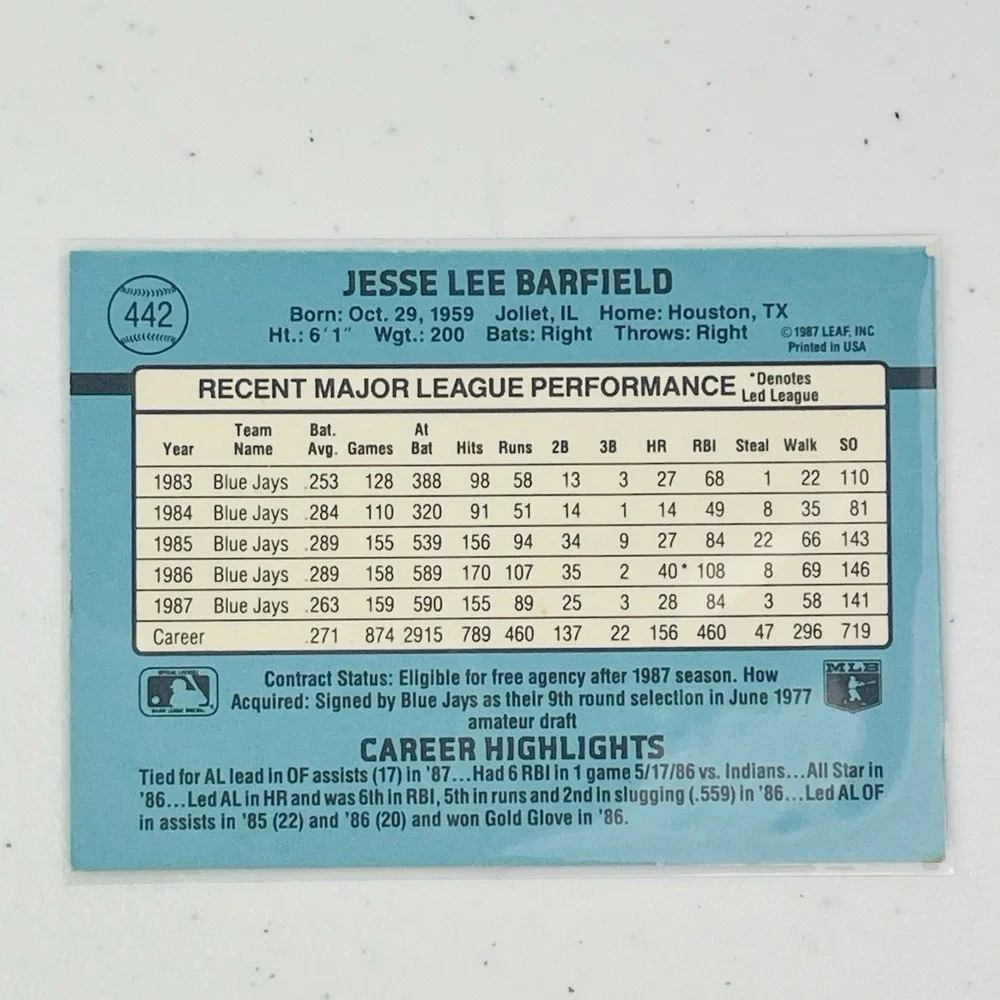 1988 Donruss Baseball Jesse Barfield Toronto Blue Jays Trading Card Vintage